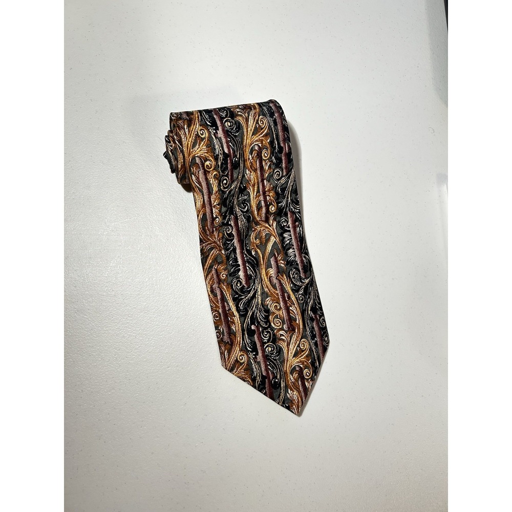 Silk Necktie With A Complex Gold Burgundy, And Paisley And Acanthus Leaf Pattern